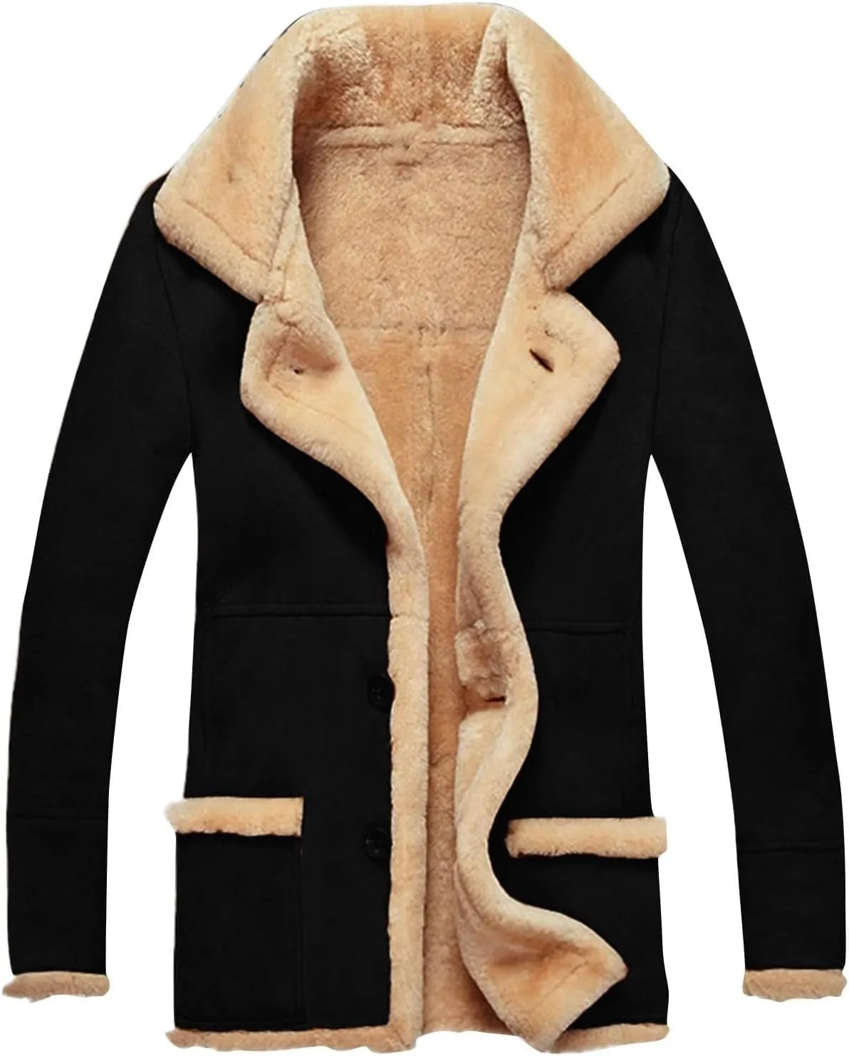 Men's Sherpa-Lined Trench Coat Winter Long Pea Coat Warm Wool Blend Overcoat with Pockets