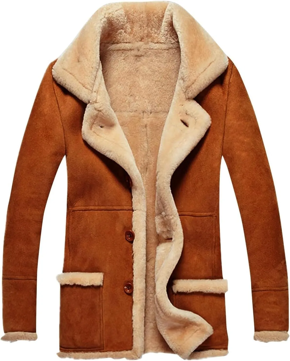Men's Sherpa-Lined Trench Coat Winter Long Pea Coat Warm Wool Blend Overcoat with Pockets
