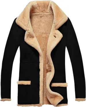 Men's Sherpa-Lined Trench Coat Winter Long Pea Coat Warm Wool Blend Overcoat with Pockets