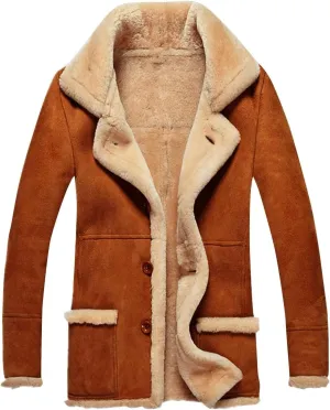 Men's Sherpa-Lined Trench Coat Winter Long Pea Coat Warm Wool Blend Overcoat with Pockets