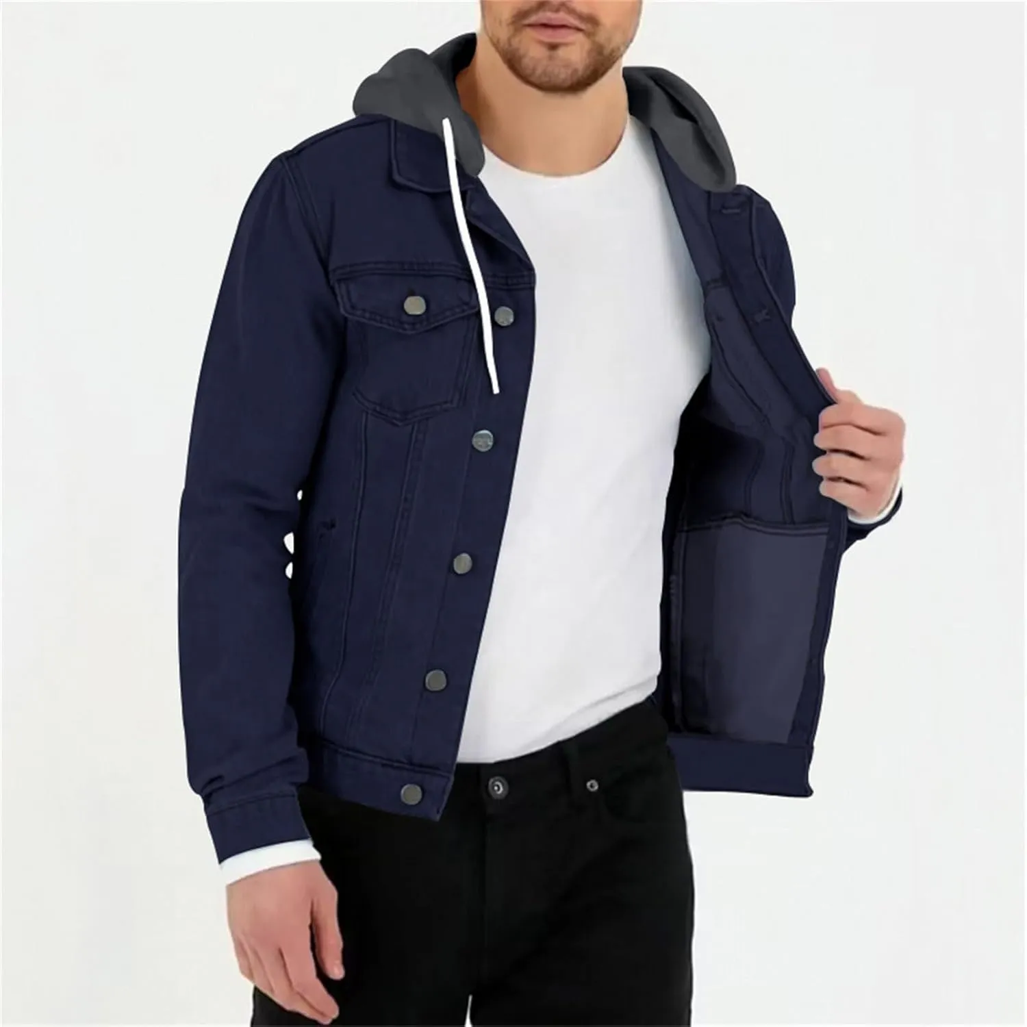 Mens Slim Fit Hoodie Denim Jacket Solid Color Hood Military Hooded Jacket Button Down Denim Trucker Jacket Coat