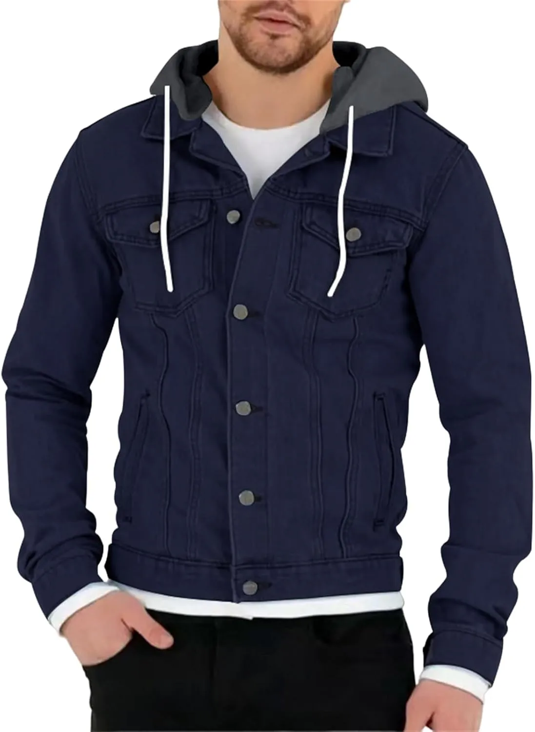 Mens Slim Fit Hoodie Denim Jacket Solid Color Hood Military Hooded Jacket Button Down Denim Trucker Jacket Coat