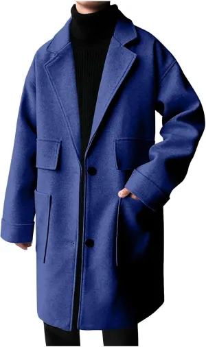 Mens Trench Coat Classic Notch Lapel Single Breasted Wool Blend Overcoat Winter Thermal Long Jacket with Pockets