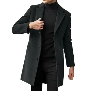 Mens Trench Coat Notched Collar Single Breasted Mid Length Peacoat Winter Overcoat with Pockets Warm Windbreaker