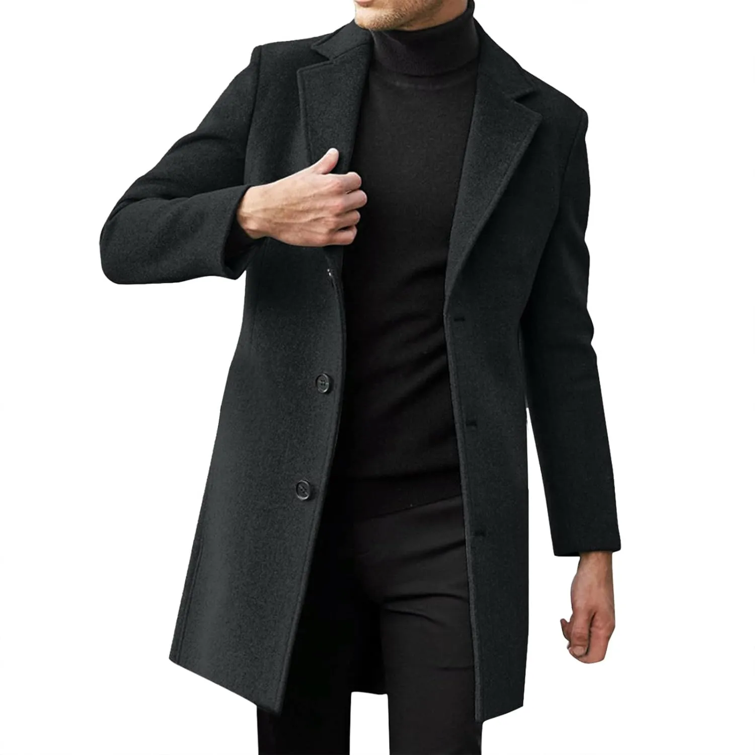 Mens Trench Coat Notched Collar Single Breasted Mid Length Peacoat Winter Overcoat with Pockets Warm Windbreaker