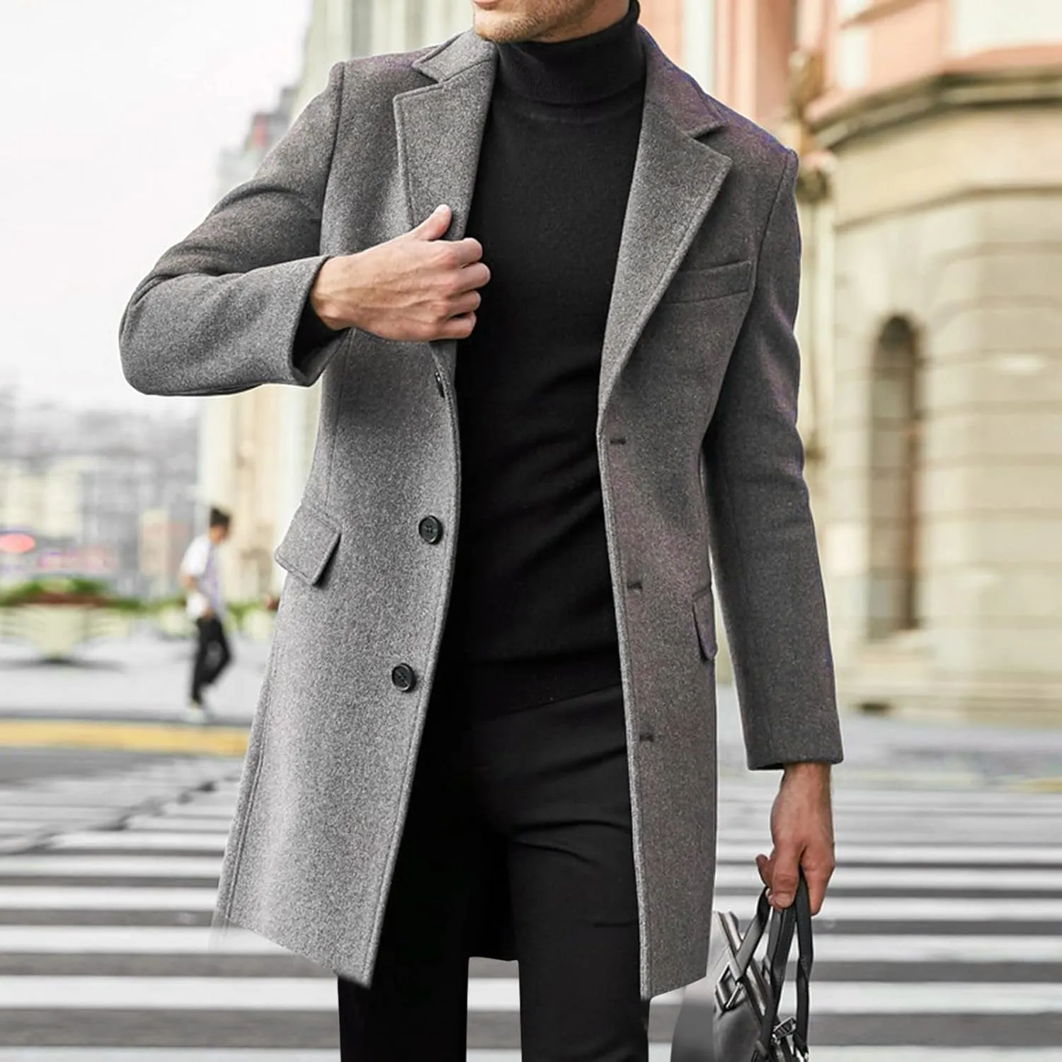 Mens Trench Coat Notched Collar Single Breasted Mid Length Peacoat Winter Overcoat with Pockets Warm Windbreaker