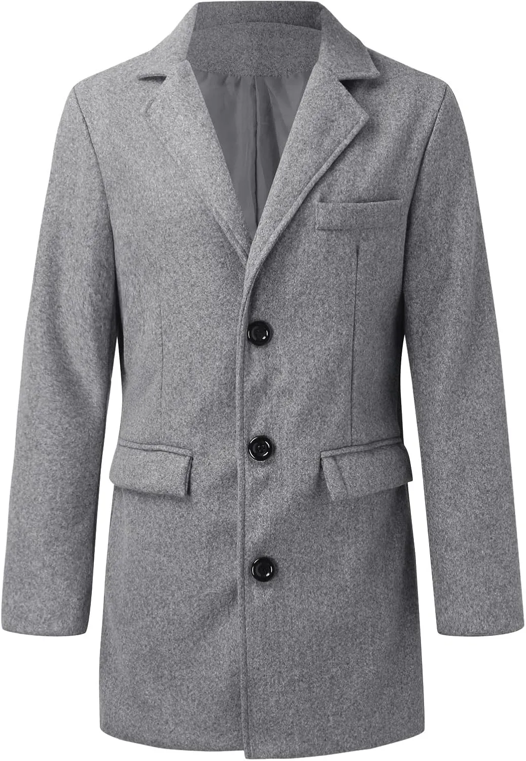 Mens Trench Coat Notched Collar Single Breasted Mid Length Peacoat Winter Overcoat with Pockets Warm Windbreaker