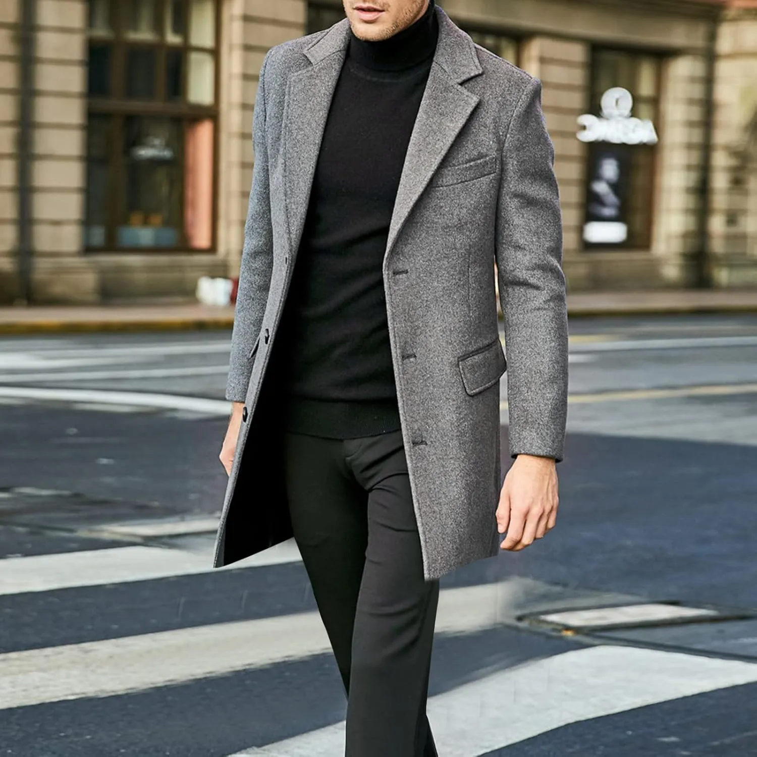 Mens Trench Coat Notched Collar Single Breasted Mid Length Peacoat Winter Overcoat with Pockets Warm Windbreaker