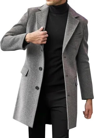 Mens Trench Coat Notched Collar Single Breasted Mid Length Peacoat Winter Overcoat with Pockets Warm Windbreaker