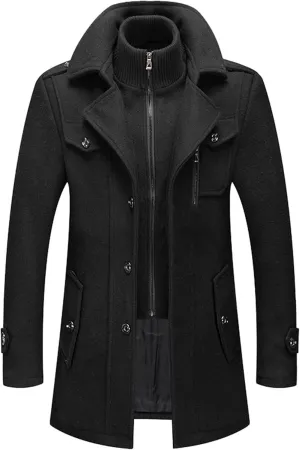 Mens Trench Coat Winter Wool Blend Jacket Overcoat Long Top Coat Warm Single Breasted Trench Jacket Woolen Pea Coat