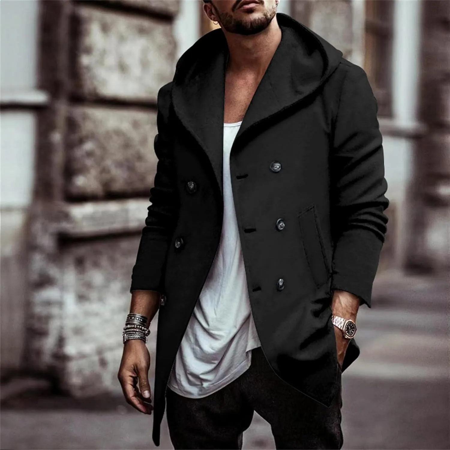 Men's Trench Coats Winter Classic Wool Blend Cardigan Jacket Long Business Warm Overcoat Hooded Pea Coat