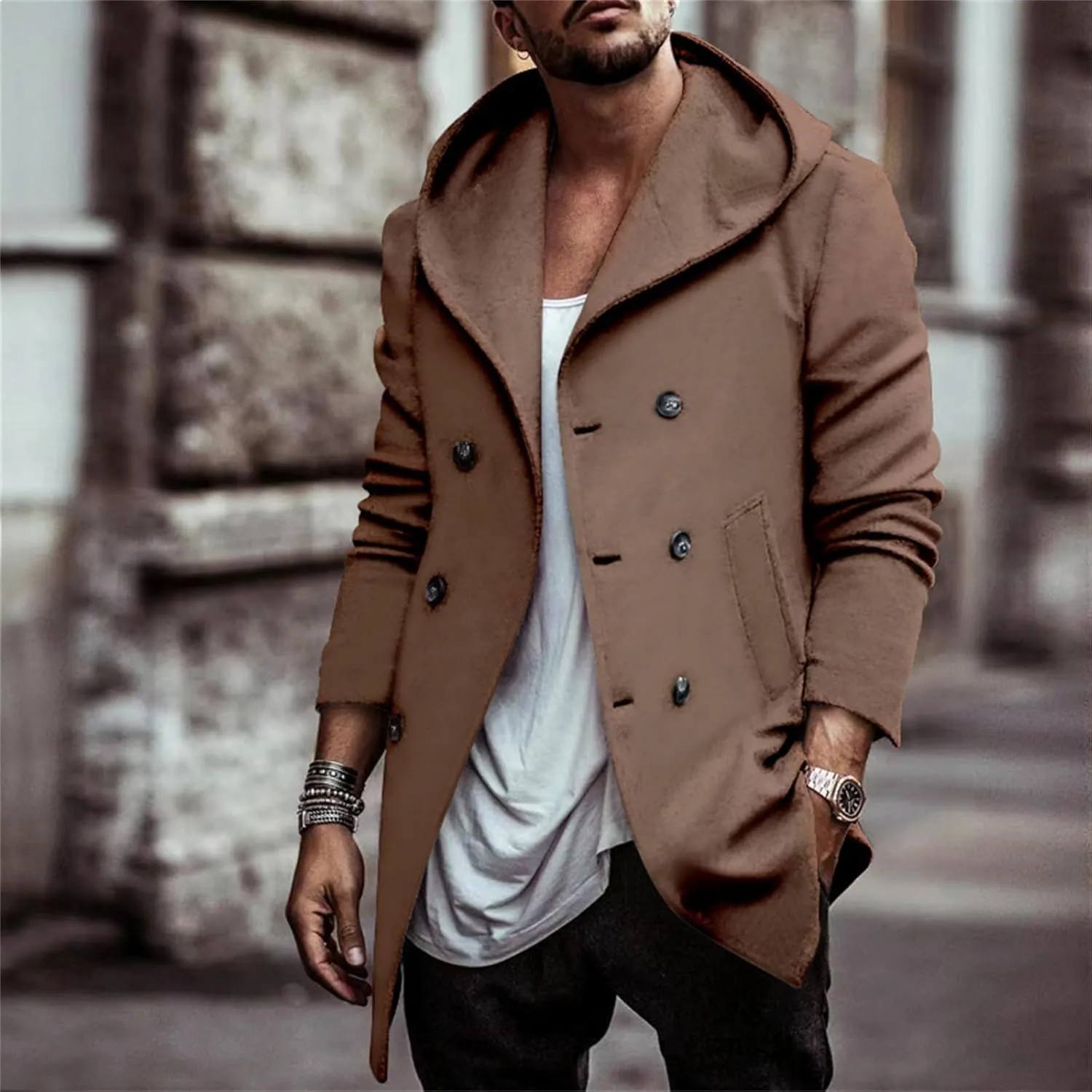 Men's Trench Coats Winter Classic Wool Blend Cardigan Jacket Long Business Warm Overcoat Hooded Pea Coat