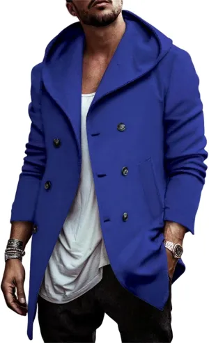 Men's Trench Coats Winter Classic Wool Blend Cardigan Jacket Long Business Warm Overcoat Hooded Pea Coat