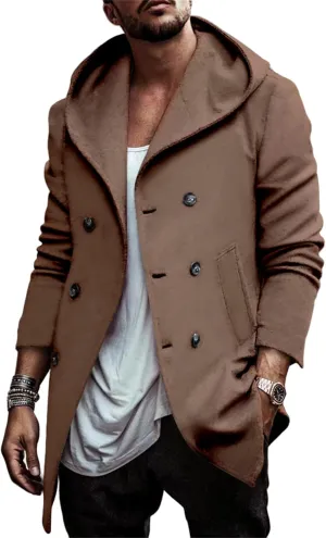 Men's Trench Coats Winter Classic Wool Blend Cardigan Jacket Long Business Warm Overcoat Hooded Pea Coat