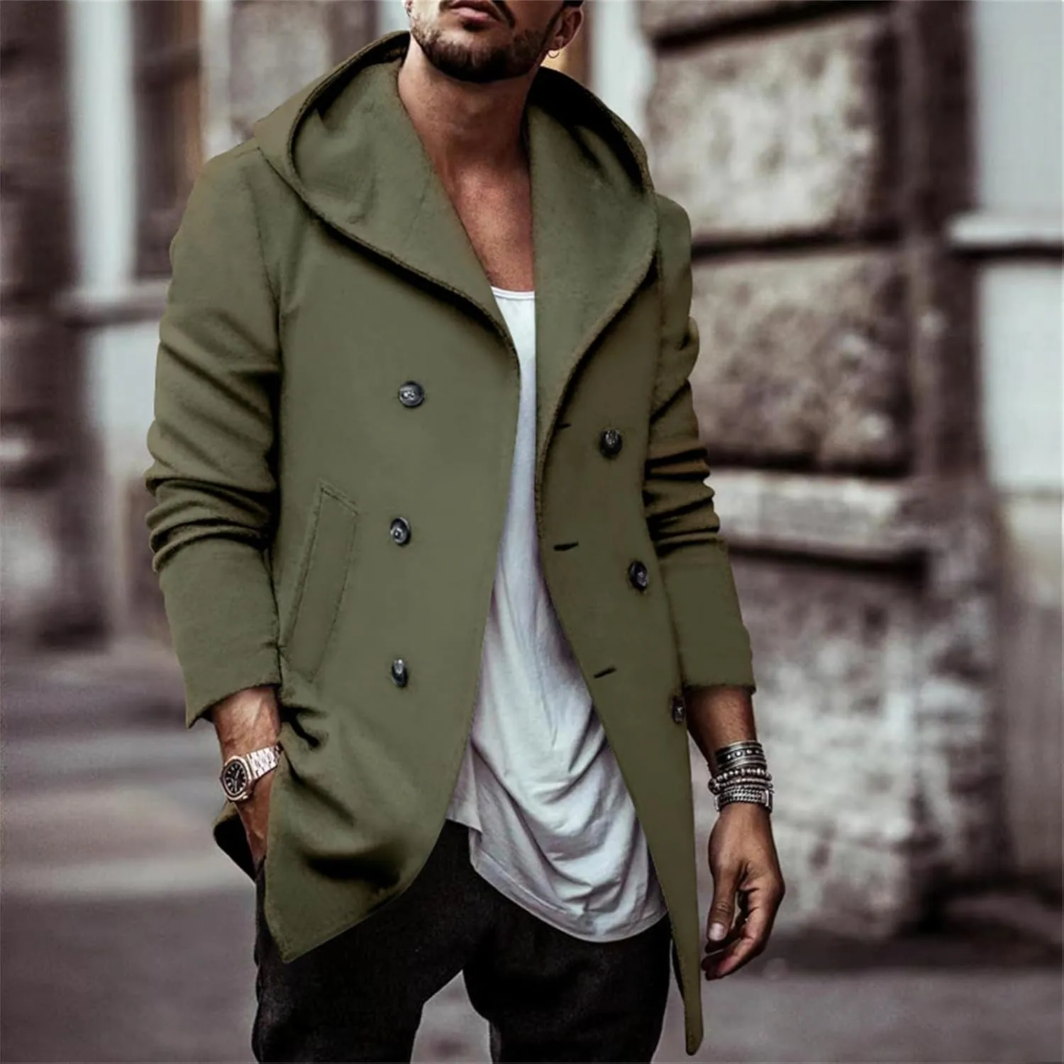 Men's Trench Coats Winter Classic Wool Blend Cardigan Jacket Long Business Warm Overcoat Hooded Pea Coat