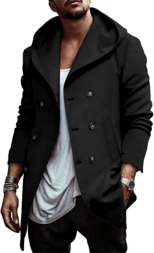 Men's Trench Coats Winter Classic Wool Blend Cardigan Jacket Long Business Warm Overcoat Hooded Pea Coat