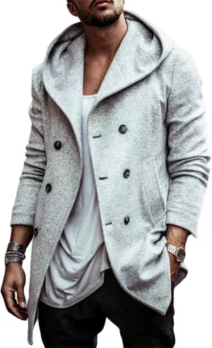 Men's Trench Coats Winter Classic Wool Blend Cardigan Jacket Long Business Warm Overcoat Hooded Pea Coat