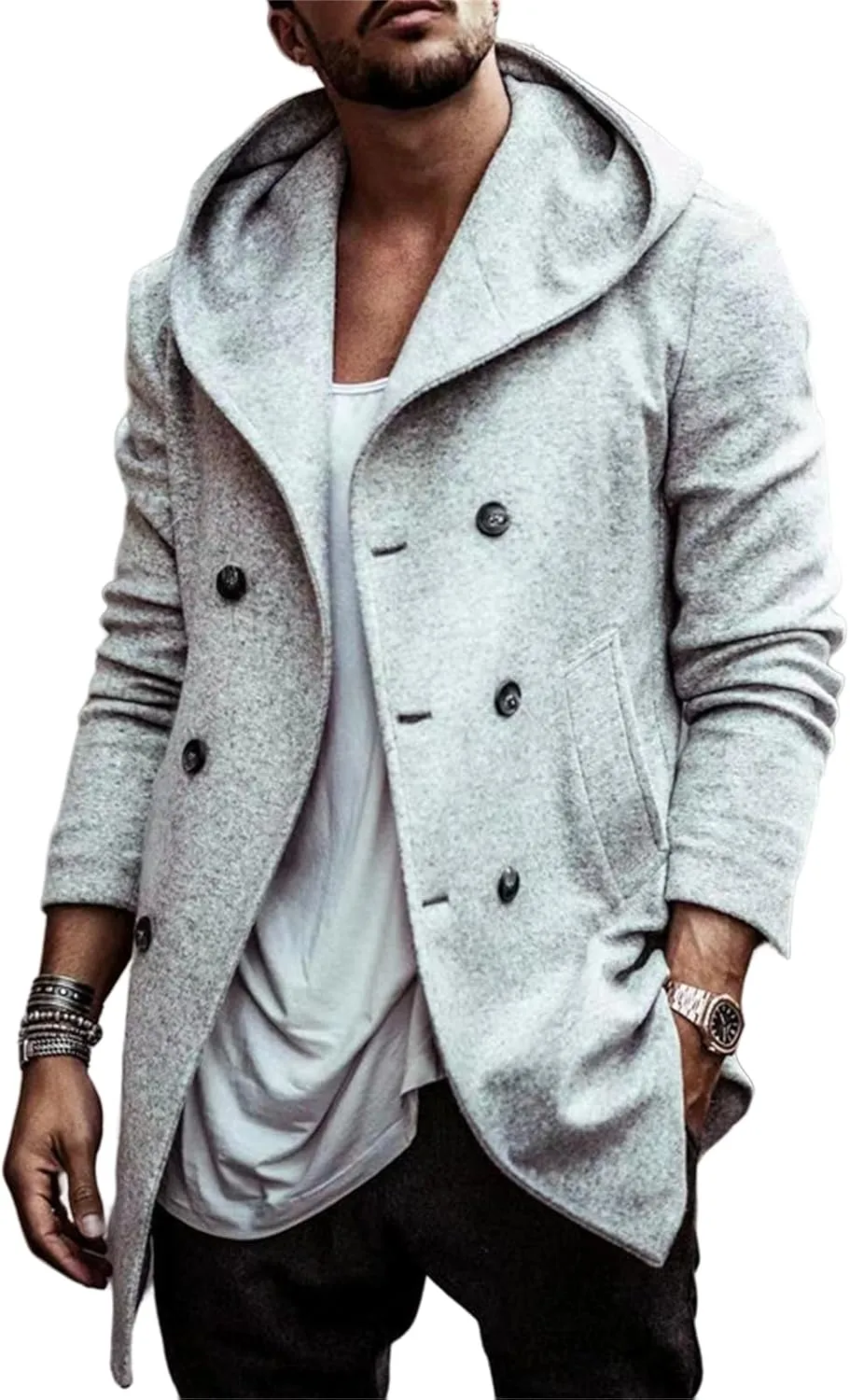Men's Trench Coats Winter Classic Wool Blend Cardigan Jacket Long Business Warm Overcoat Hooded Pea Coat