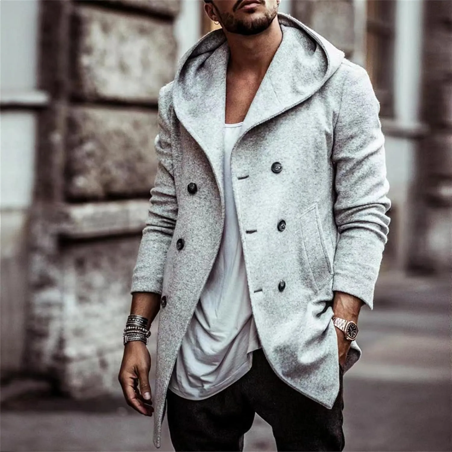 Men's Trench Coats Winter Classic Wool Blend Cardigan Jacket Long Business Warm Overcoat Hooded Pea Coat