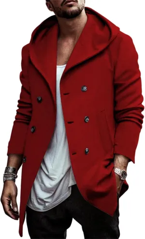 Men's Trench Coats Winter Classic Wool Blend Cardigan Jacket Long Business Warm Overcoat Hooded Pea Coat
