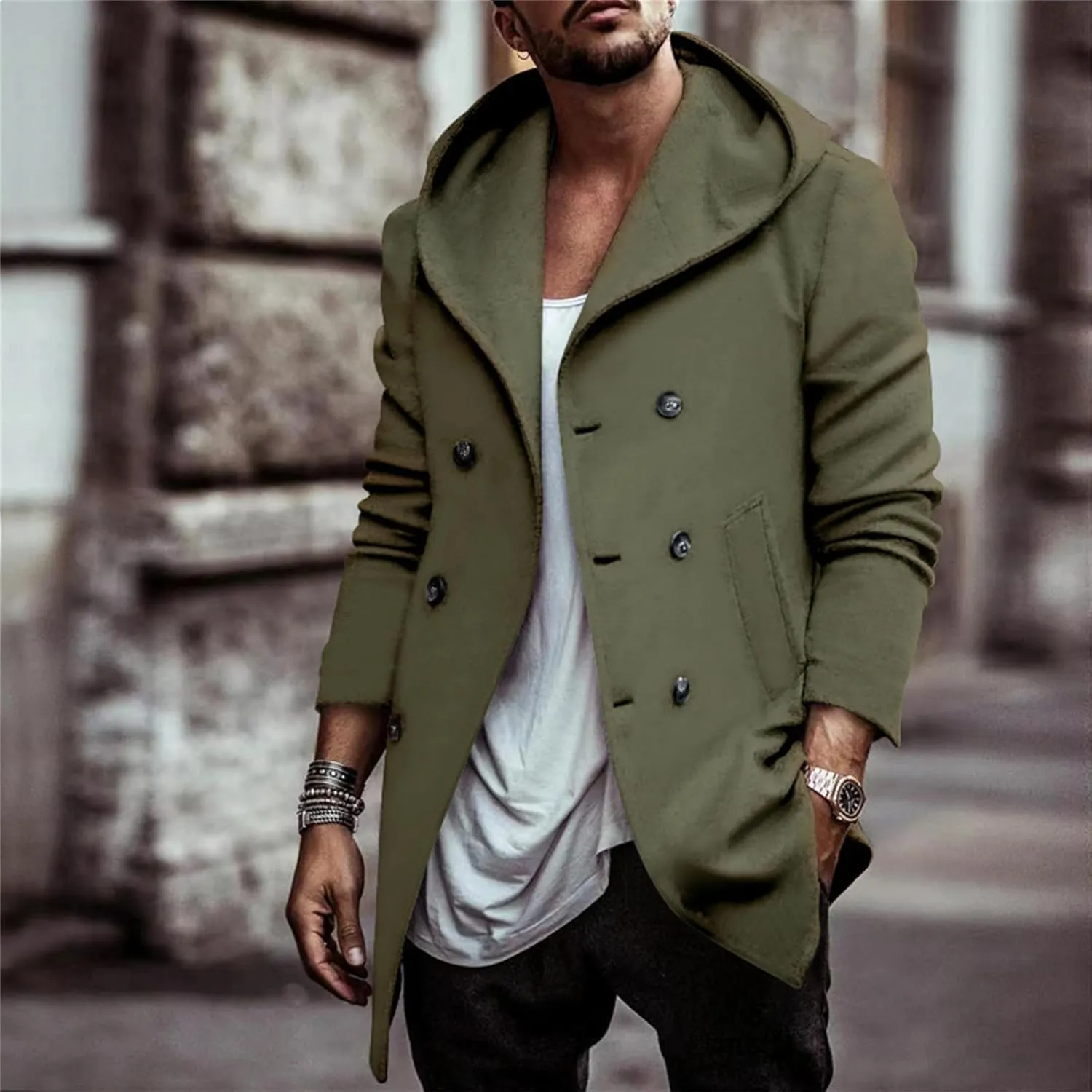Men's Trench Coats Winter Classic Wool Blend Cardigan Jacket Long Business Warm Overcoat Hooded Pea Coat