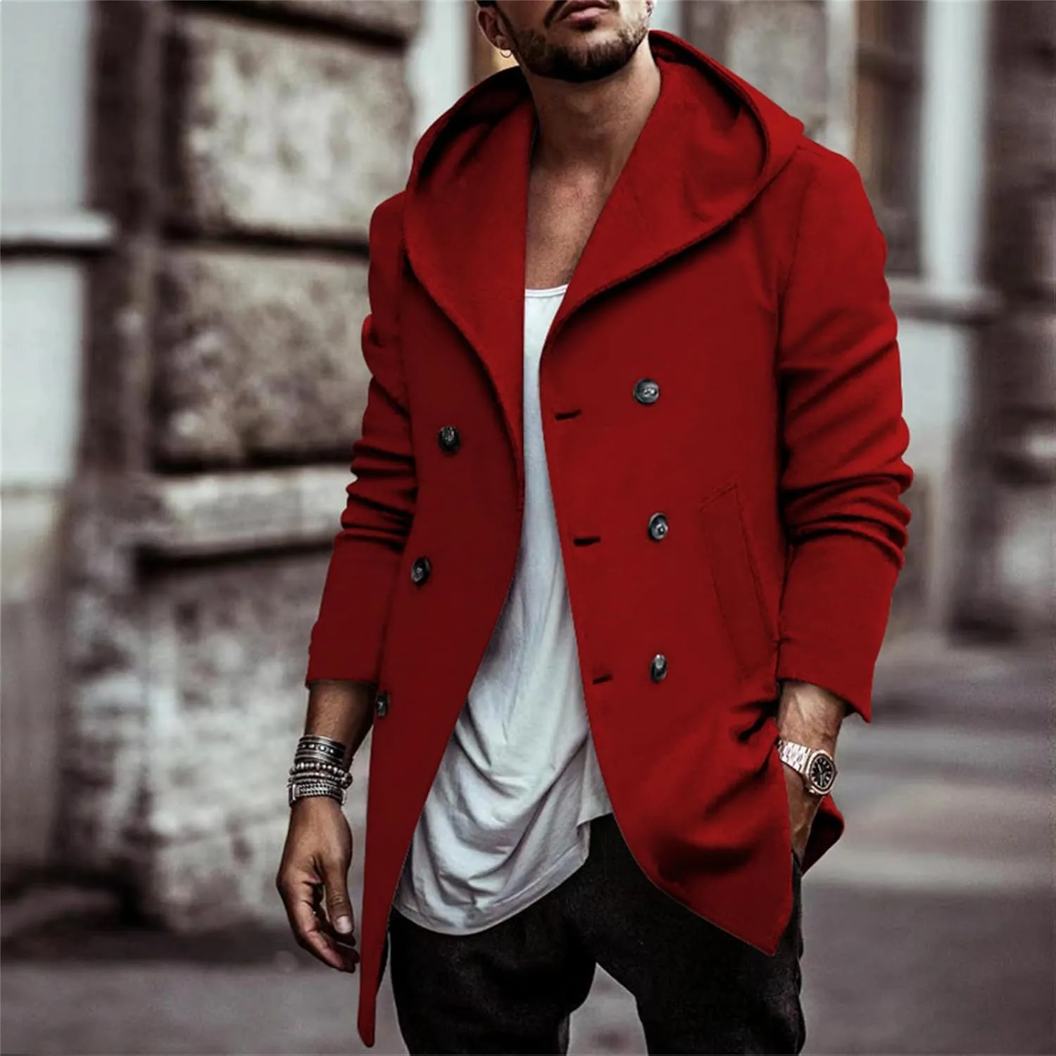 Men's Trench Coats Winter Classic Wool Blend Cardigan Jacket Long Business Warm Overcoat Hooded Pea Coat