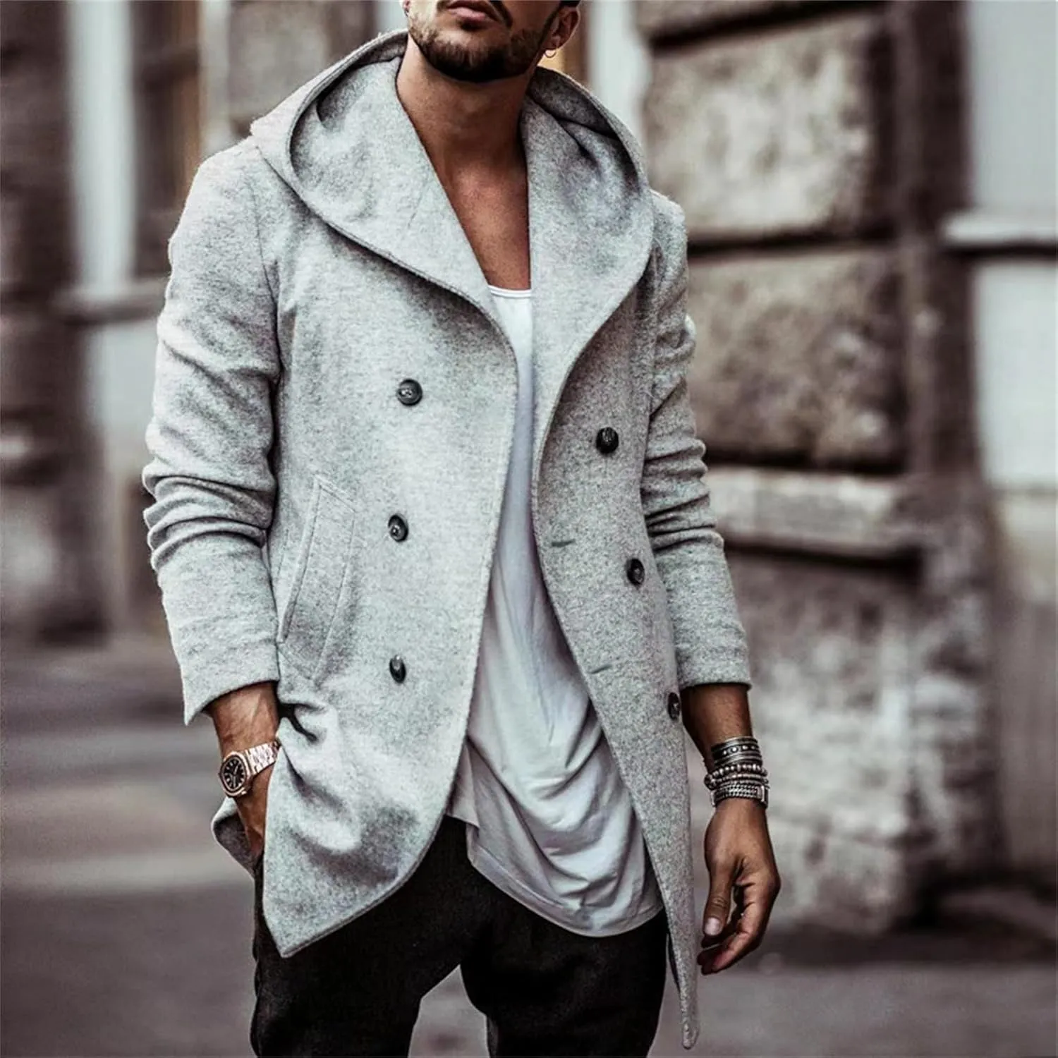 Men's Trench Coats Winter Classic Wool Blend Cardigan Jacket Long Business Warm Overcoat Hooded Pea Coat