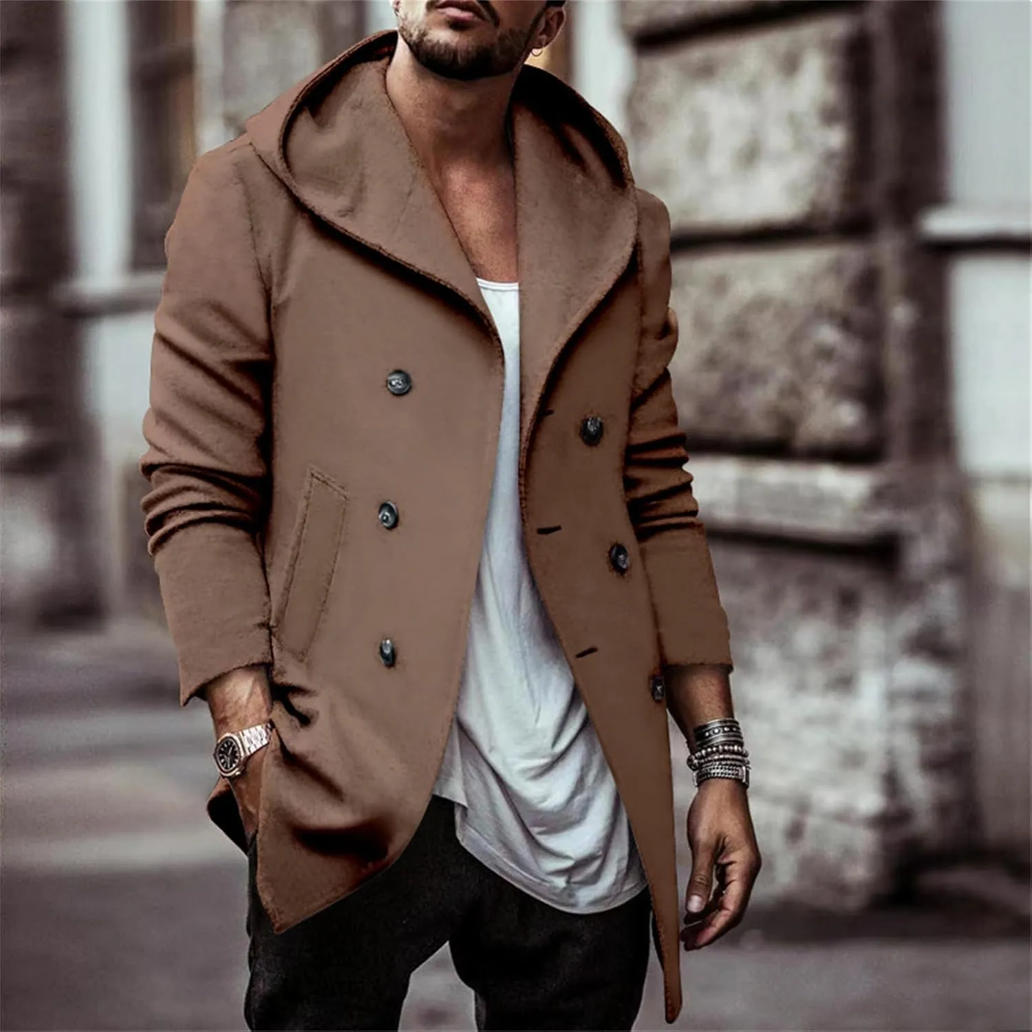 Men's Trench Coats Winter Classic Wool Blend Cardigan Jacket Long Business Warm Overcoat Hooded Pea Coat
