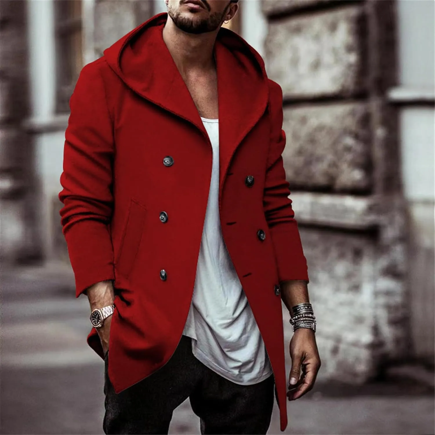 Men's Trench Coats Winter Classic Wool Blend Cardigan Jacket Long Business Warm Overcoat Hooded Pea Coat