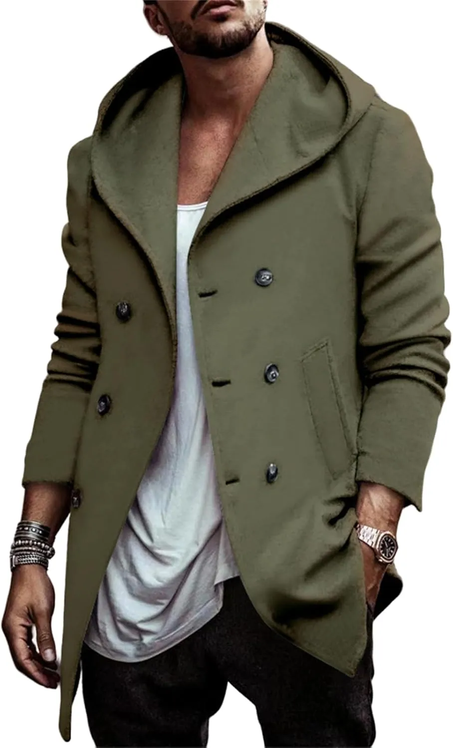 Men's Trench Coats Winter Classic Wool Blend Cardigan Jacket Long Business Warm Overcoat Hooded Pea Coat