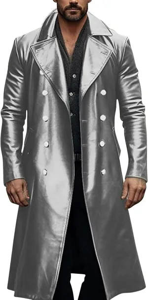 Men's Vintage Casual Officer WW2 Military Uniform Retro Leather Trench Coat Jacket Long Genuine Motorcycle Jakcet
