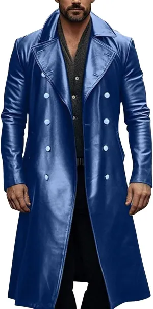 Men's Vintage Casual Officer WW2 Military Uniform Retro Leather Trench Coat Jacket Long Genuine Motorcycle Jakcet