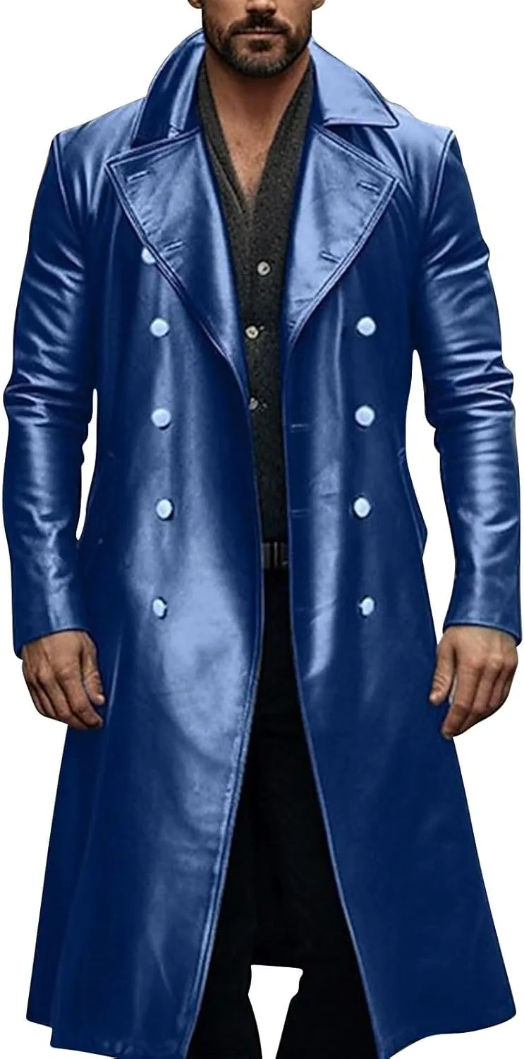 Men's Vintage Casual Officer WW2 Military Uniform Retro Leather Trench Coat Jacket Long Genuine Motorcycle Jakcet