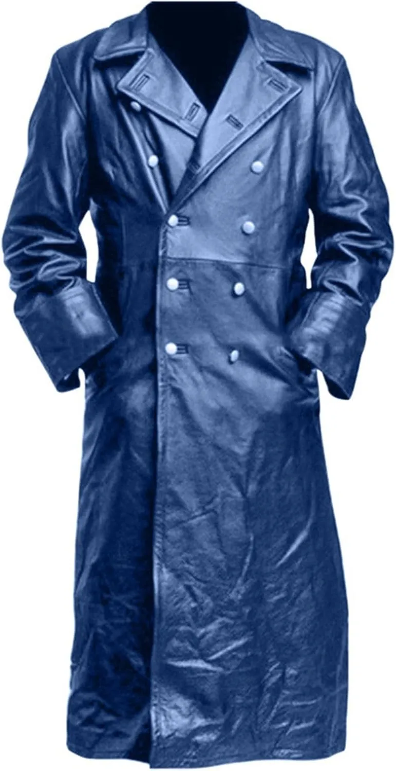 Men's Vintage Casual Officer WW2 Military Uniform Retro Leather Trench Coat Jacket Long Genuine Motorcycle Jakcet