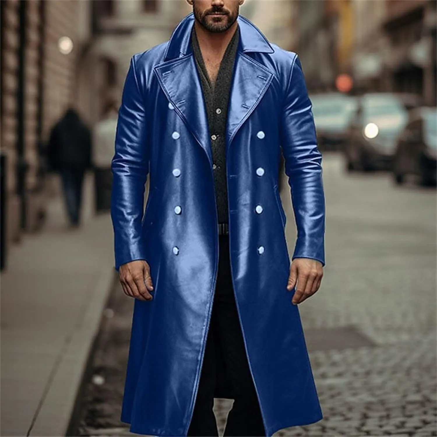 Men's Vintage Casual Officer WW2 Military Uniform Retro Leather Trench Coat Jacket Long Genuine Motorcycle Jakcet
