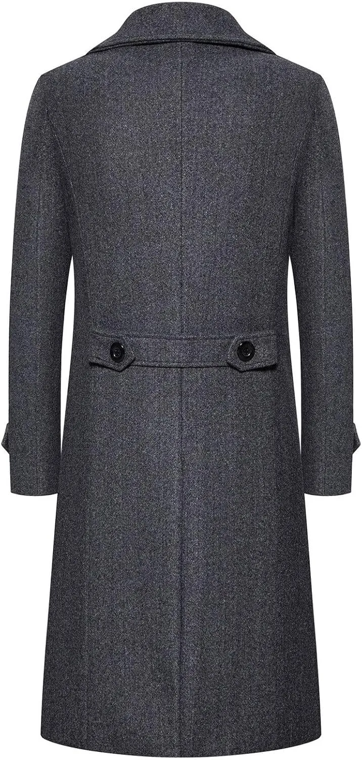 Men's Warm Wool Blend Long Jacket Casual Slim Fit Trench Overcoat with Pockets
