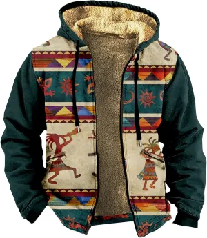 Mens Western Aztec Sweatshirt Long Sleeve Full Zip Lapel Collared Jacket Coat Spring Fall Winter Warm Hoodies Sweater