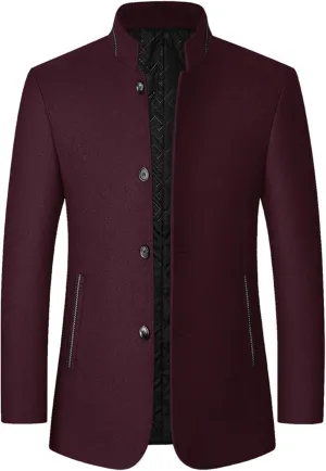 Mens Wool Blend Blazer Jacket Single Breasted Business Blazer Jacket Stand Collar Wool Blend Coat Wih Pockets