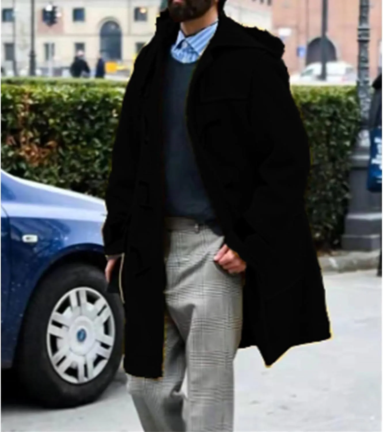 Men's Wool Blend Pea Coats Warm Winter Trench Horn Buckles Windbreaker Hooded Jackets Mid-Length Fashion Overcoats