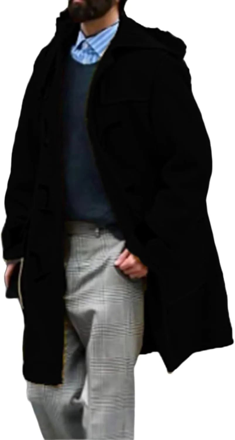 Men's Wool Blend Pea Coats Warm Winter Trench Horn Buckles Windbreaker Hooded Jackets Mid-Length Fashion Overcoats