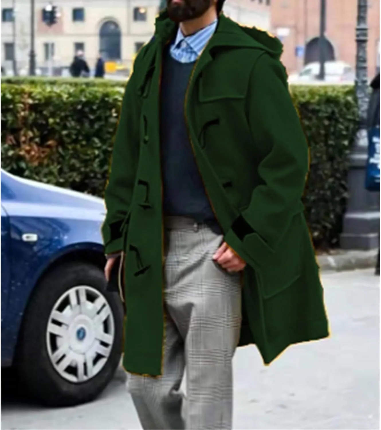 Men's Wool Blend Pea Coats Warm Winter Trench Horn Buckles Windbreaker Hooded Jackets Mid-Length Fashion Overcoats
