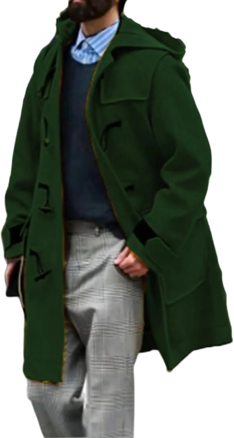 Men's Wool Blend Pea Coats Warm Winter Trench Horn Buckles Windbreaker Hooded Jackets Mid-Length Fashion Overcoats