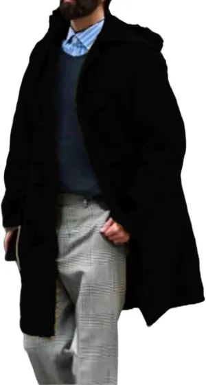 Men's Wool Blend Pea Coats Warm Winter Trench Horn Buckles Windbreaker Hooded Jackets Mid-Length Fashion Overcoats