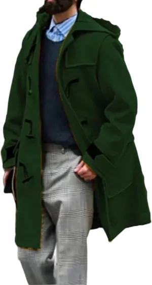 Men's Wool Blend Pea Coats Warm Winter Trench Horn Buckles Windbreaker Hooded Jackets Mid-Length Fashion Overcoats