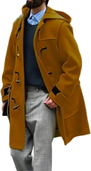 Men's Wool Blend Pea Coats Warm Winter Trench Horn Buckles Windbreaker Hooded Jackets Mid-Length Fashion Overcoats