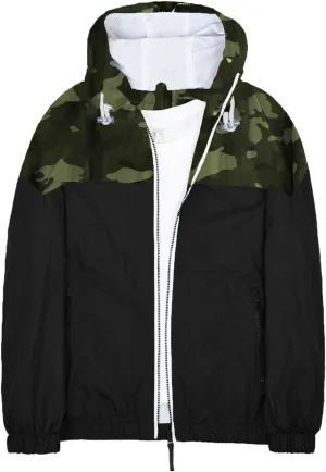Mens Zip Up Jackets Hooded Waterproof Retro Windbreakers Loose Coats Fashion Lapel Color Block Clothes with Pocket