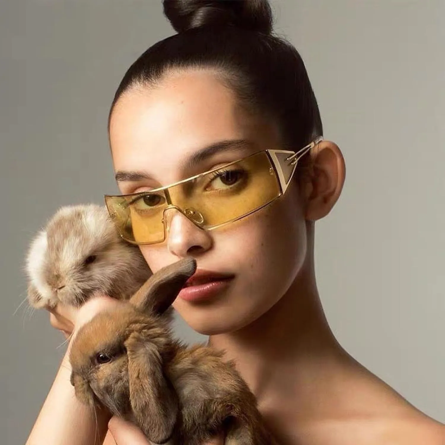 Metal Frame Rectangular Sunglasses for Women Luxury One-piece