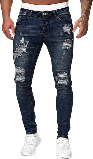 Mmoneyake Slim Fit Jeans for Men Skinny Ripped Destroyed Distressed Jeans Straight Leg Stretch Denim Pants with Broken Holes