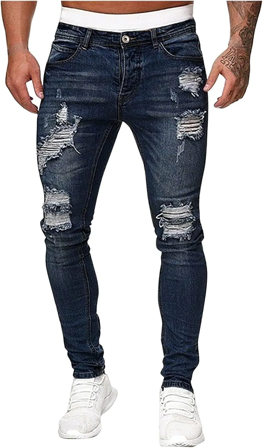 Mmoneyake Slim Fit Jeans for Men Skinny Ripped Destroyed Distressed Jeans Straight Leg Stretch Denim Pants with Broken Holes