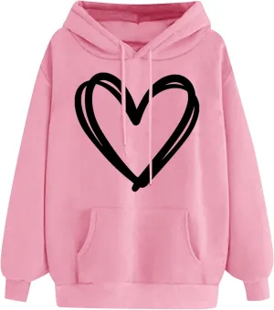 Oversized Women's Hoodies Print Love Heart 2024 Fashion Drawstring Long Sleeve Solid Pullover Sweatshirt with Pockets
